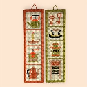 Vintage Handmade Needlepoint Plastic Canvas Hanging Set of 2 Kitchen 70s Retro